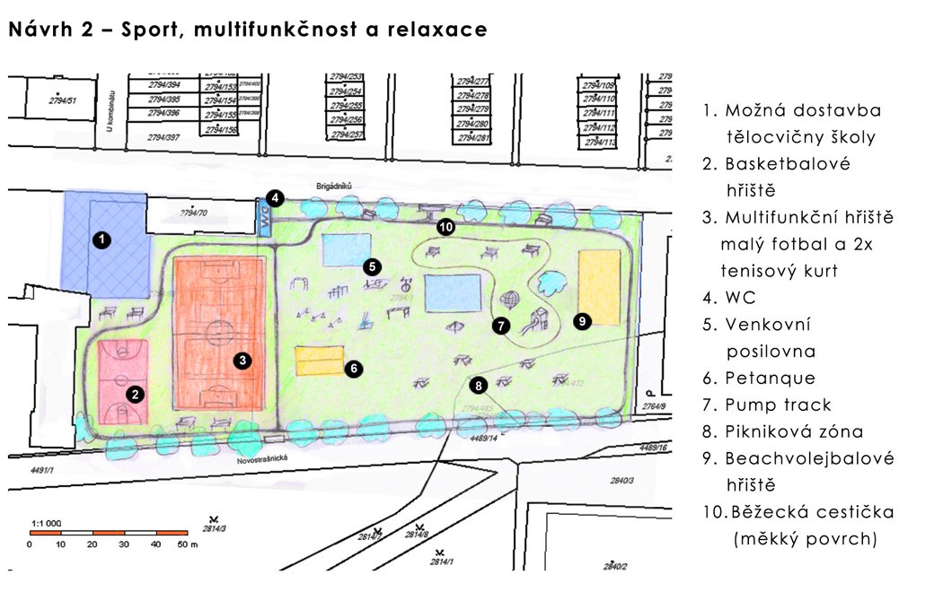 Skica občanského návrhu z roku 2018: tělocvična u školy, travnaté hřiště, basketbal, posilovna, pétanque, pump track, piknik, beach volejbal a běžecká cestička kolem