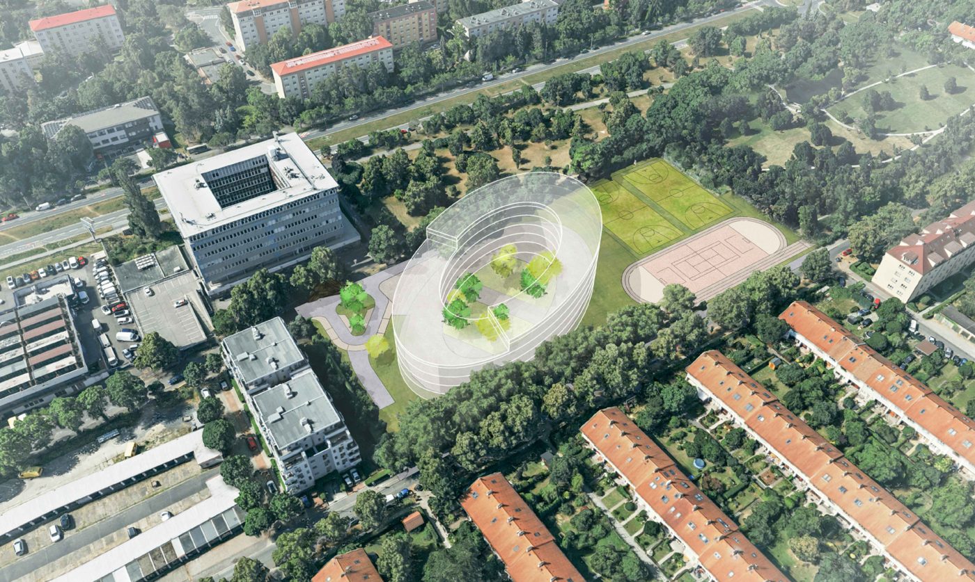 Letecká vizualizace ze studie: oválná budova školy na hřišti, pohled od ulice Brigádníků přes řadové domky Solidarity